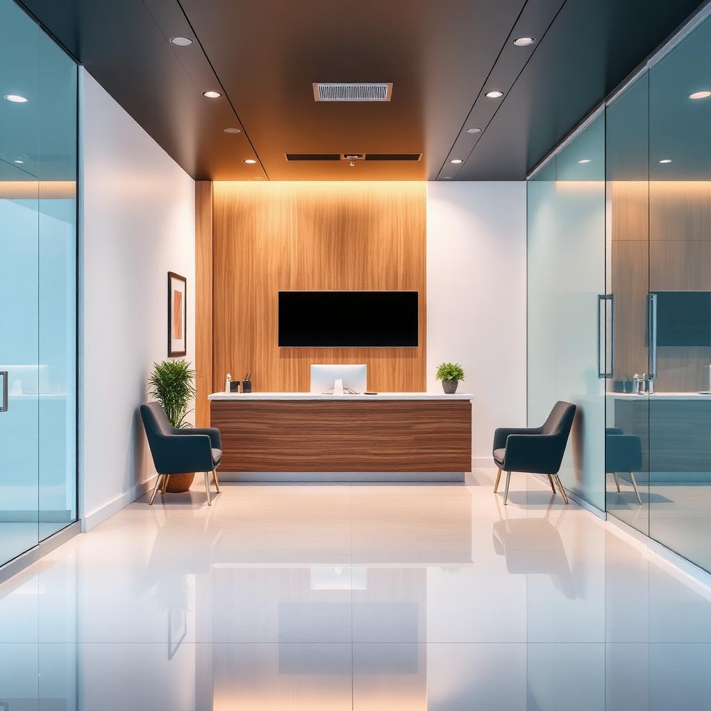 Clean modern office workspace with tidy desks and glass partitions