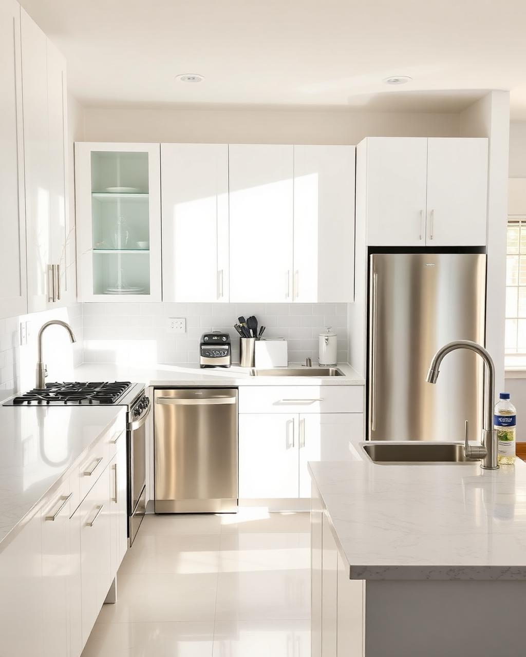 Bright airy modern kitchen being professionally cleaned with sparkling countertops and natural light